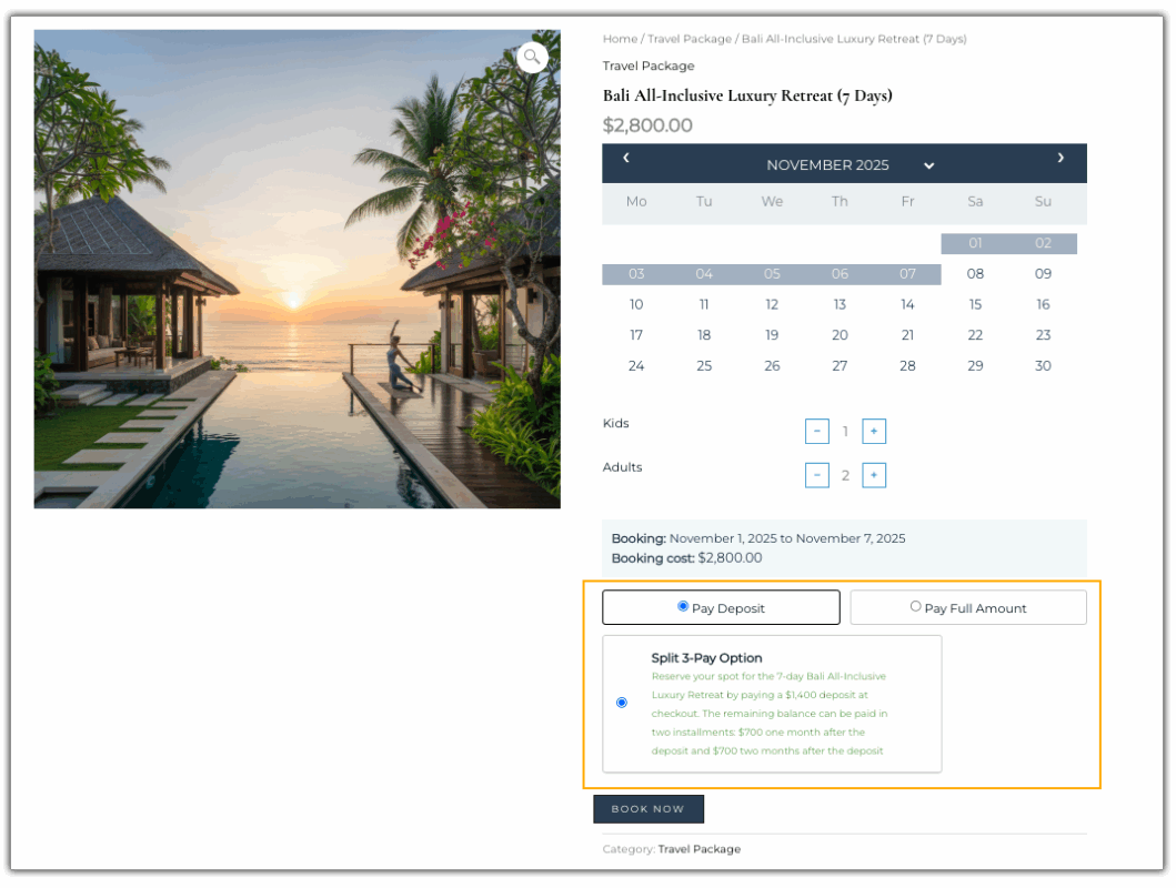 woocommerce deposits for tour