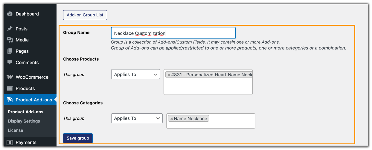 woocommerce add on group