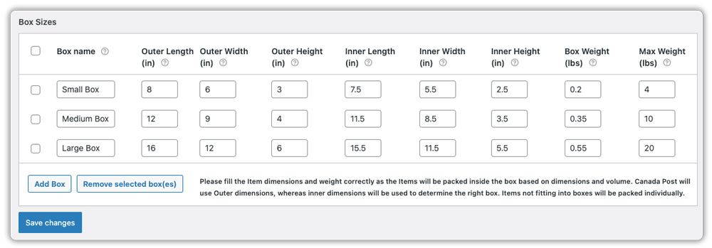 canada post box sizes