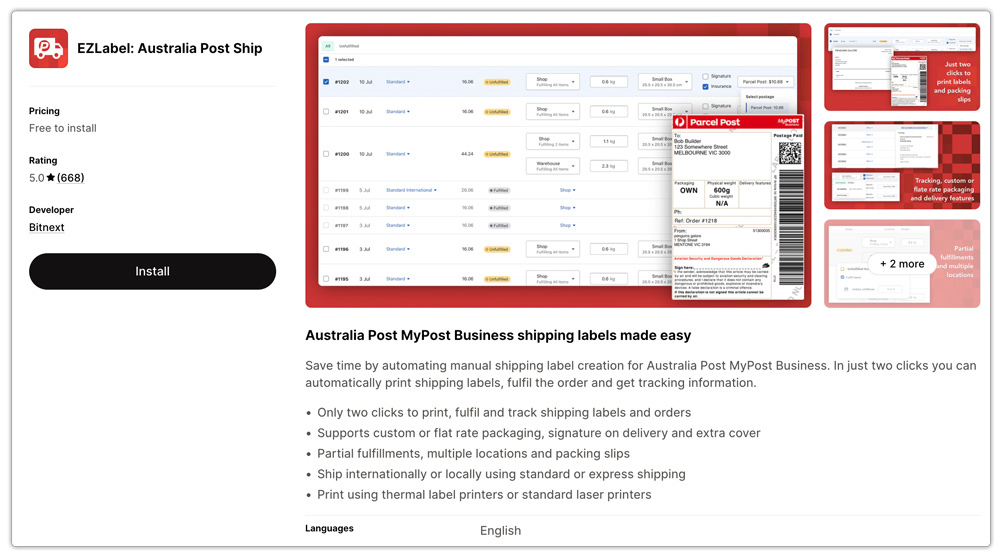 ez label australia post app landing page