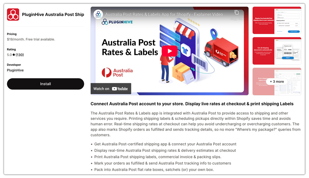 pluginhive australia post app landing page