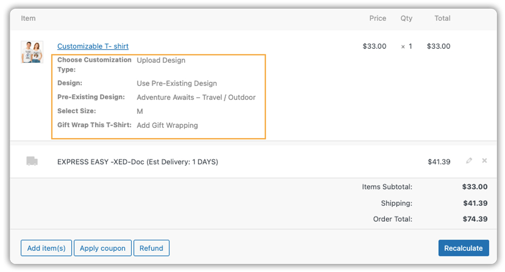 product addon at woocommerce orders page