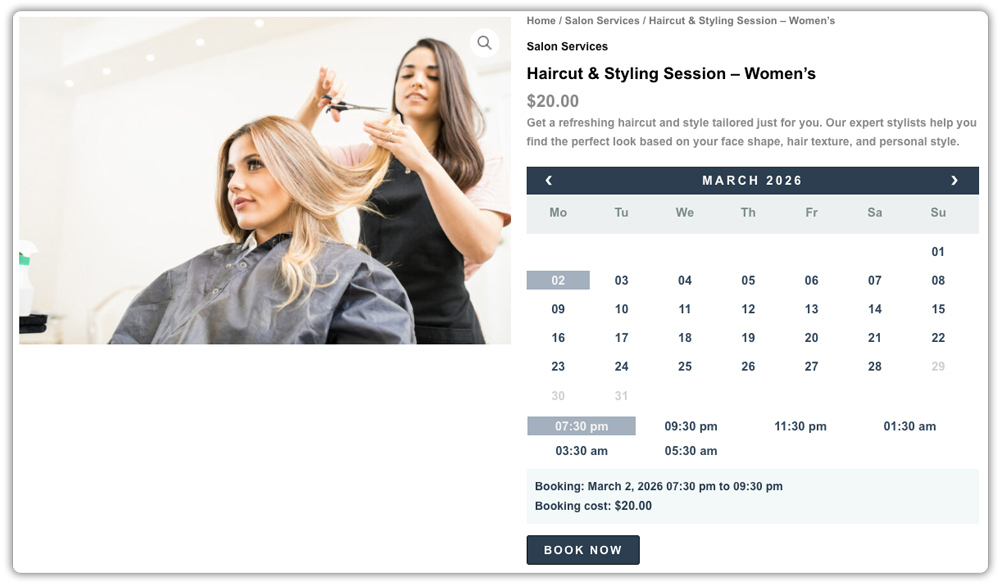 salon booking on woocommerce