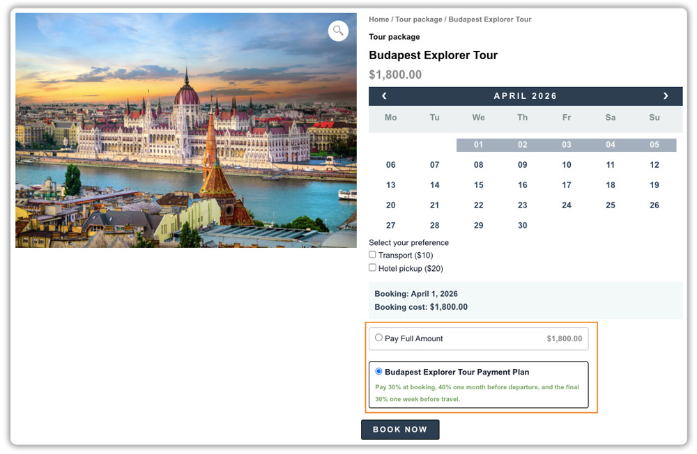 tour booking with deposits