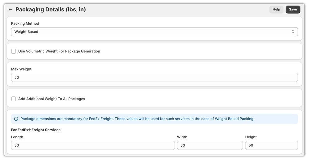 weight based packaging in fedex app