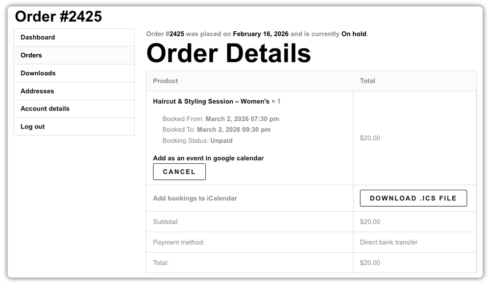 woo orders details page