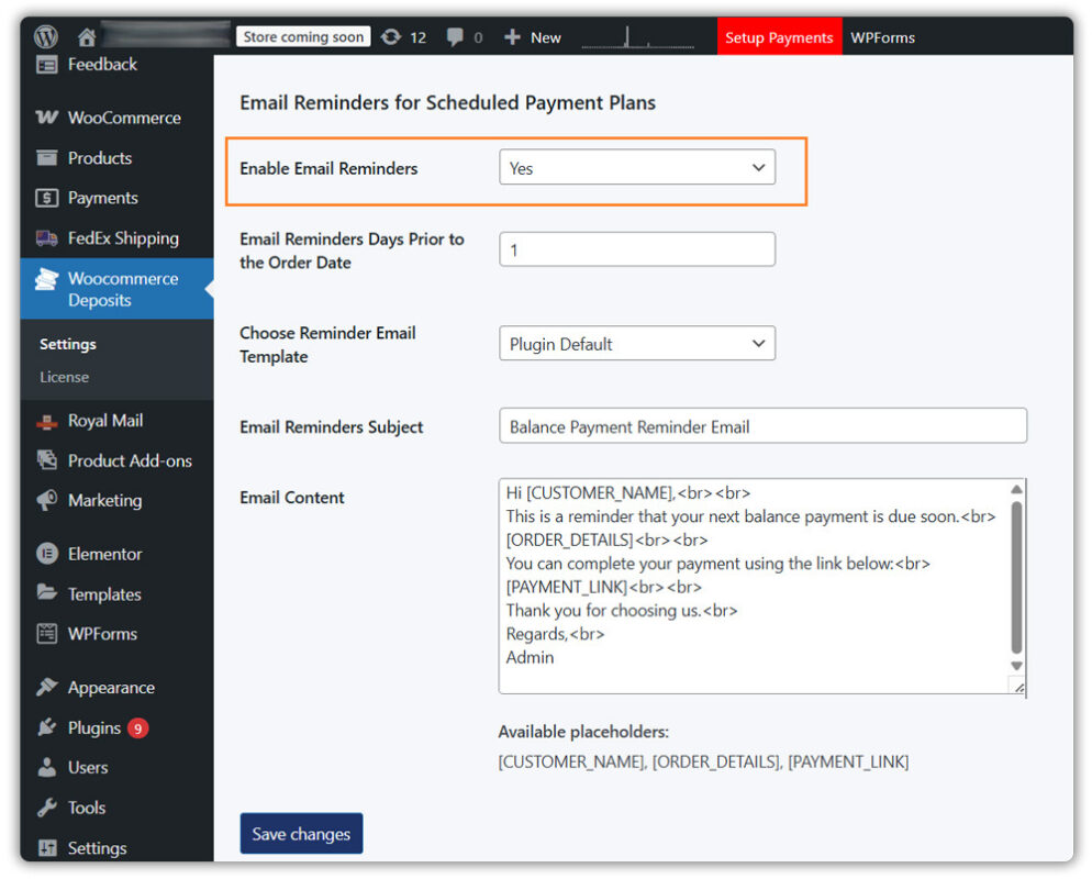 email remainder settings