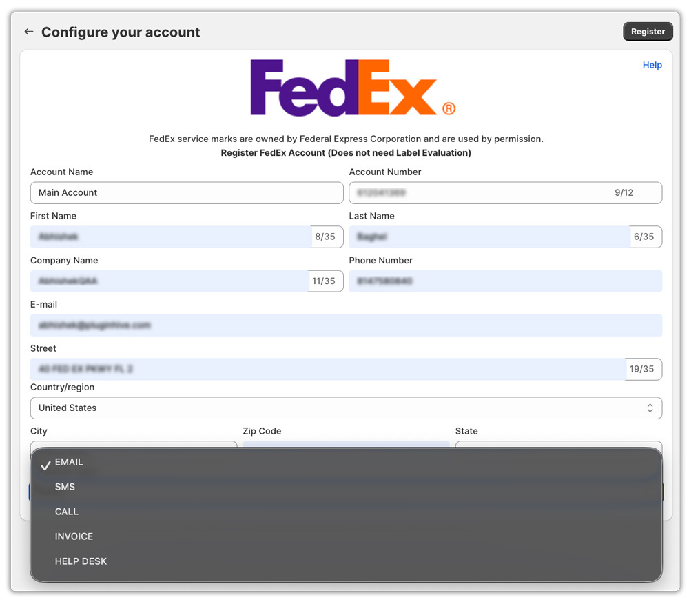 fedex app account integration page