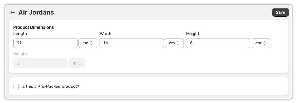 product dimensions inside australia post app
