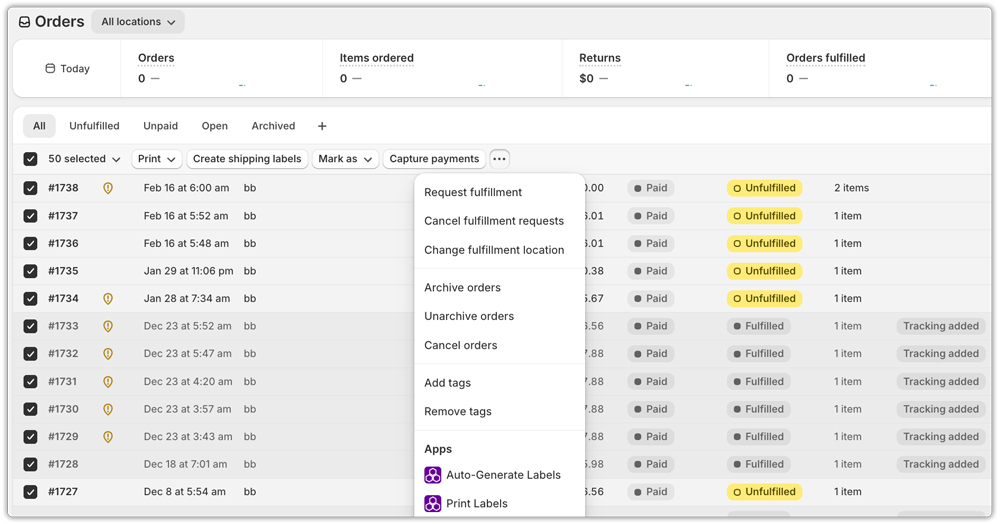 fedex bulk label printing in shopify grid