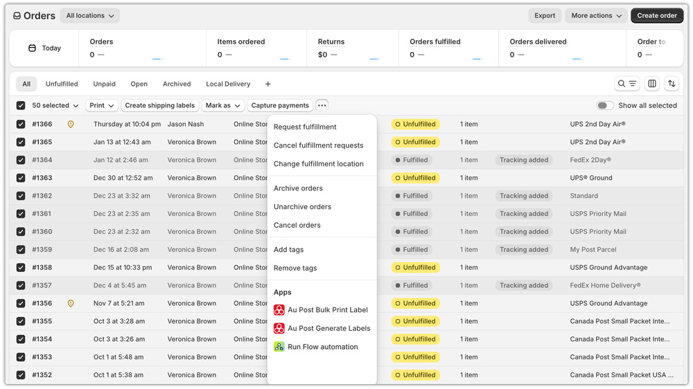 bulk label printing with australia post in shopify