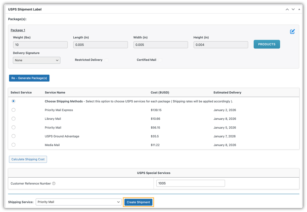 create shipments in woocommerce usps plugin