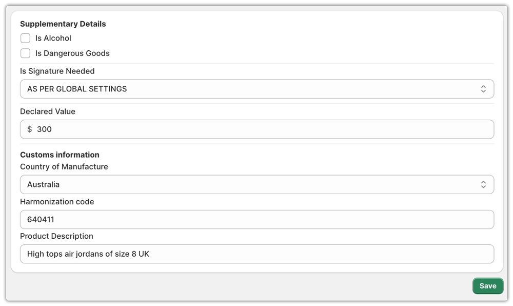 declared value option in australia post app