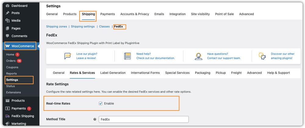 enable fedex real time rates