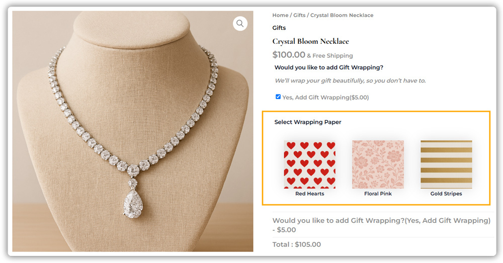 gift wrapper selection in woocommerce