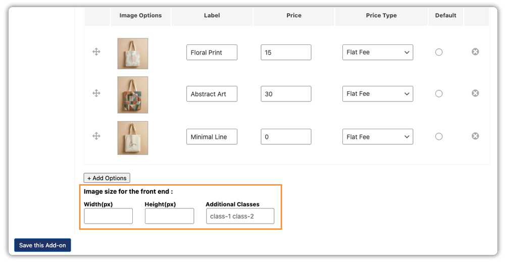 product add on image option