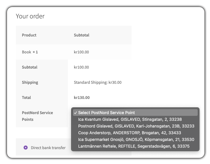 postnord service points on checkout