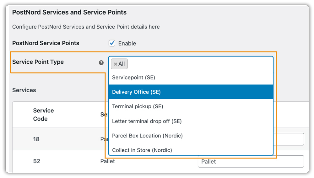 postnord service points setting