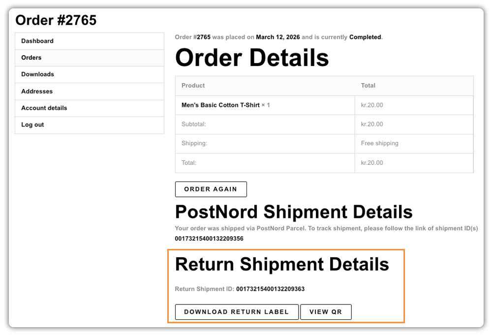 print postnord return label from account page