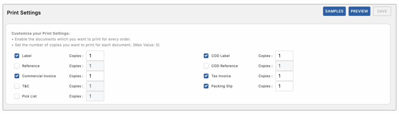 multi carrier app print settings