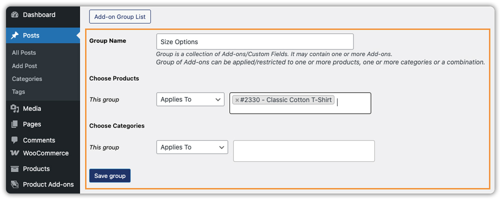 product add on group name