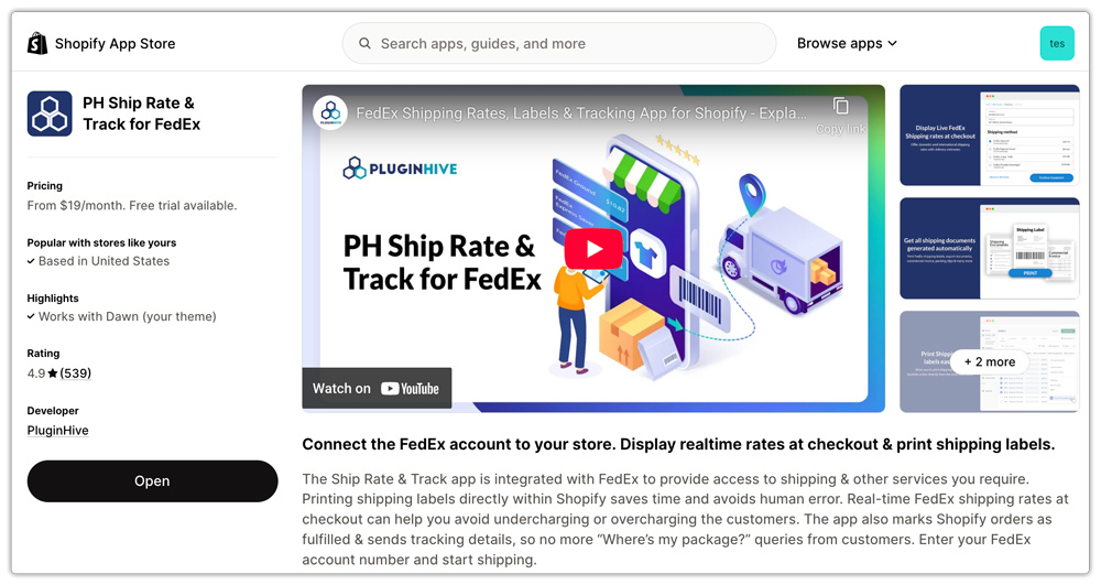 fedex app landing page in shopify