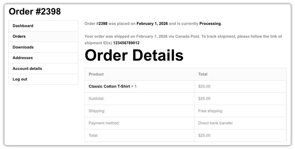 tracking details in my account page