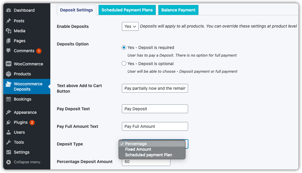 woo deposits settings