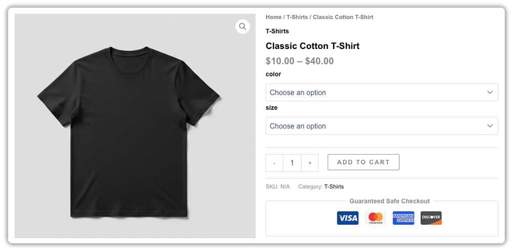 woocommerce variations at product page