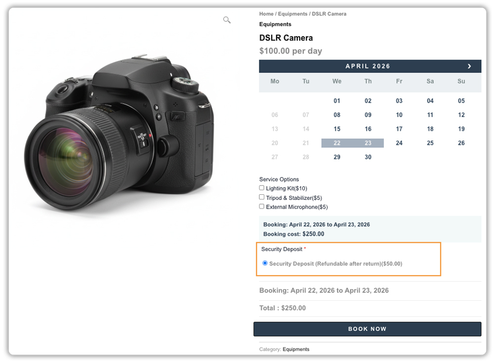 camera rental with security deposits