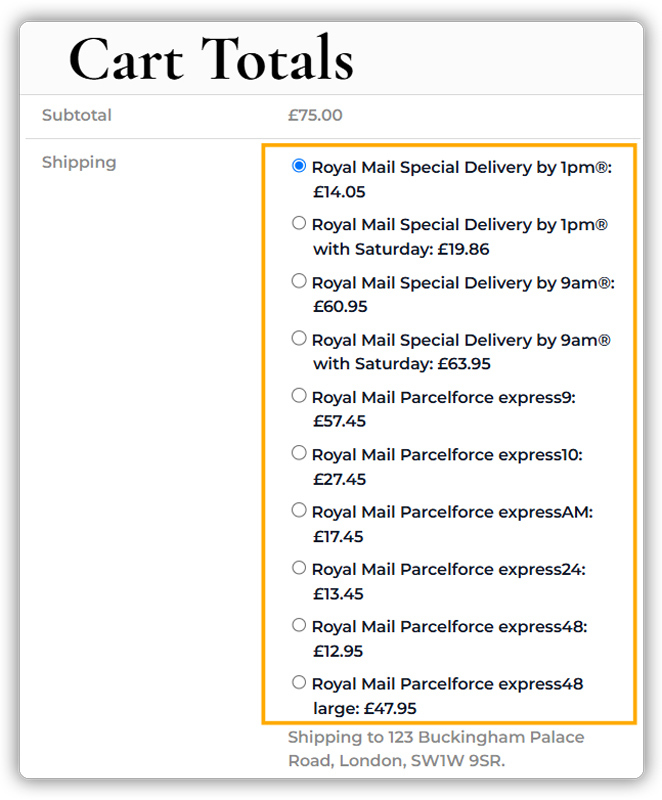 royal mail shipping services at checkout