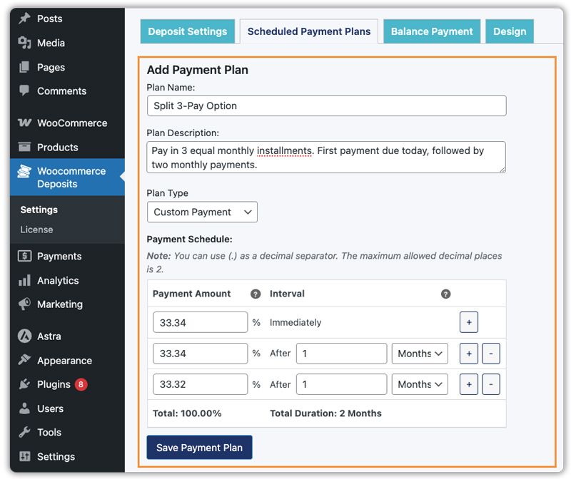 woocommerce deposits plugin showing add payment plan with installment schedule setup