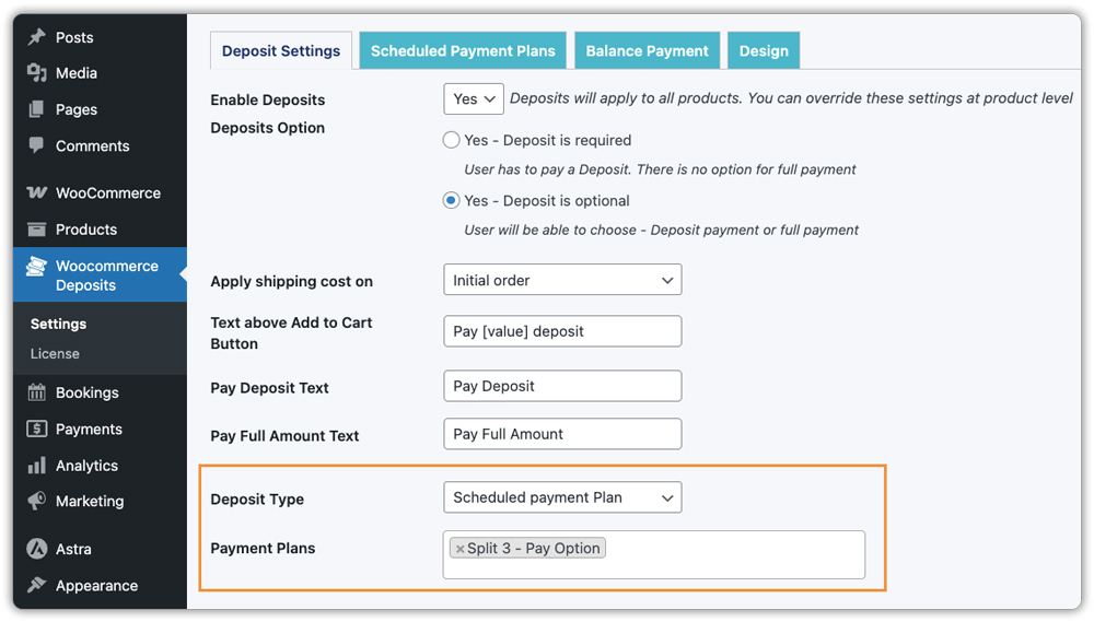 woocommerce deposits global settings showing scheduled payment plan option
