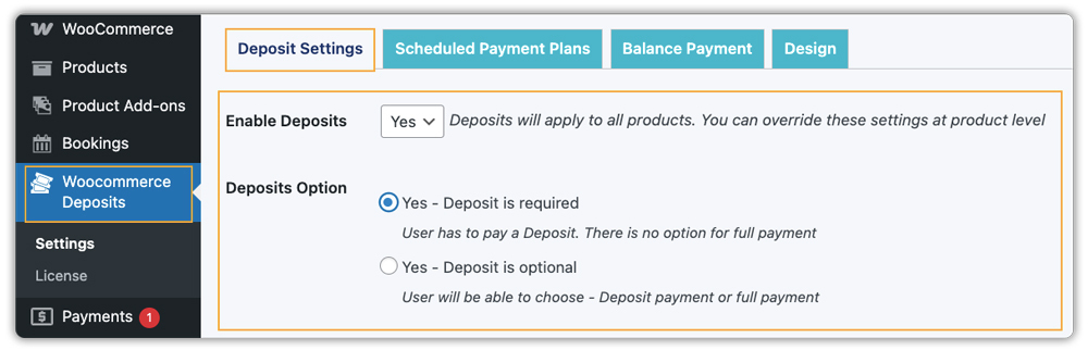 woocommerce deposits settings page showing enable deposits and configuration options