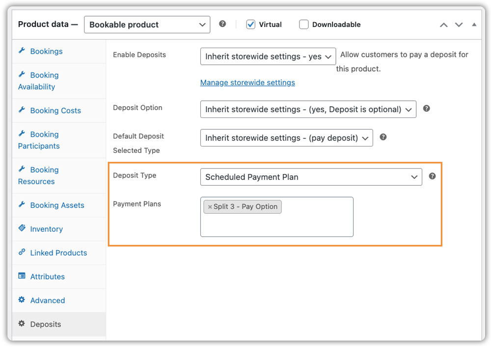 woocommerce product settings showing scheduled payment plan configuration