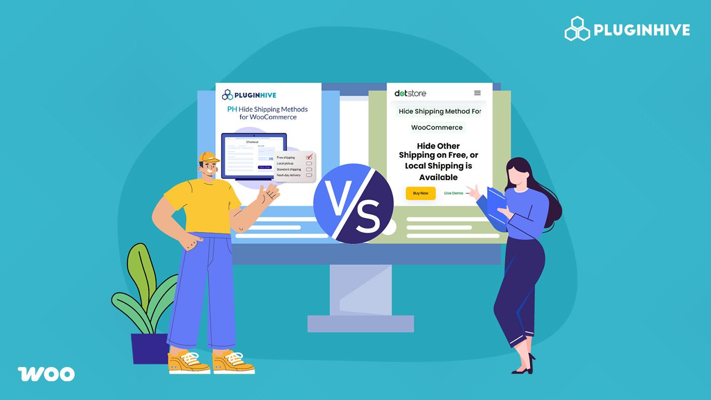 woocommerce hide shipping methods plugin comparison banner showing pluginhive vs dotstore overview