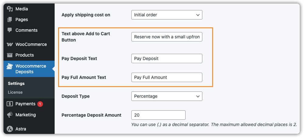 woocommerce deposits settings