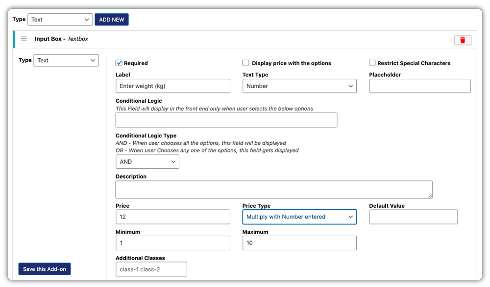 woocommerce product addons number input field