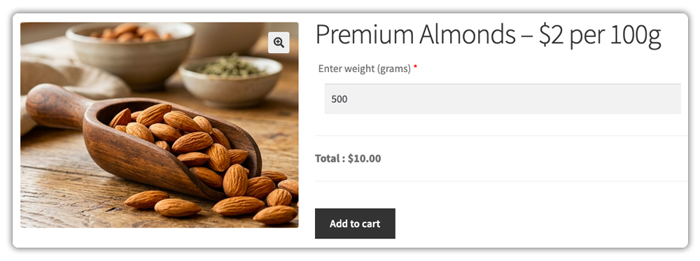 woocommerce product page example showing almonds