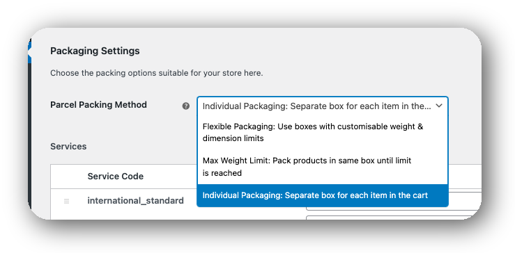 parcel packing settings