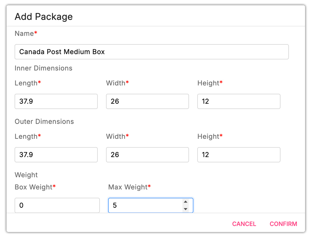 canada post box dimensions