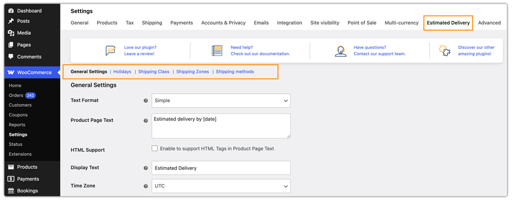 estimated delivery date plugin settings 