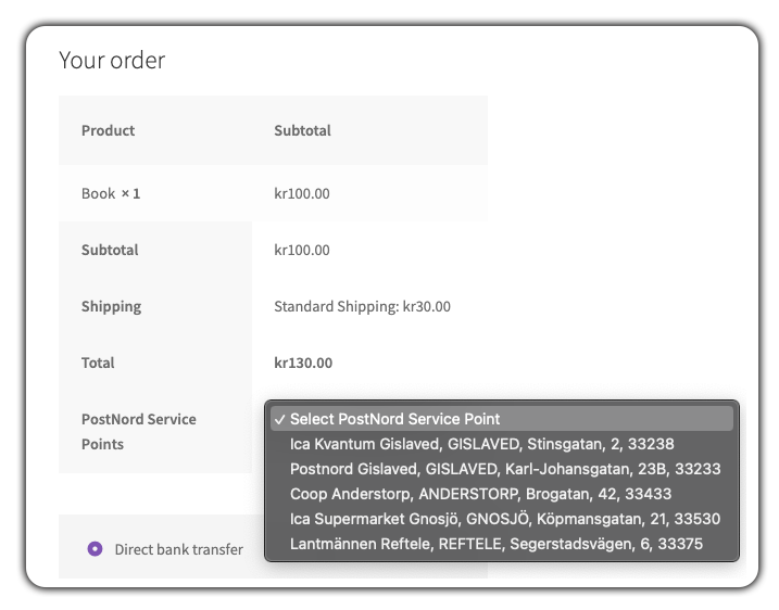 postnord service points at woo checkout 