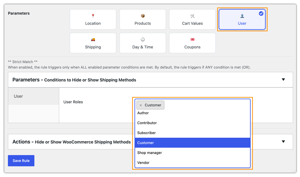 select user role in hide shipping settings