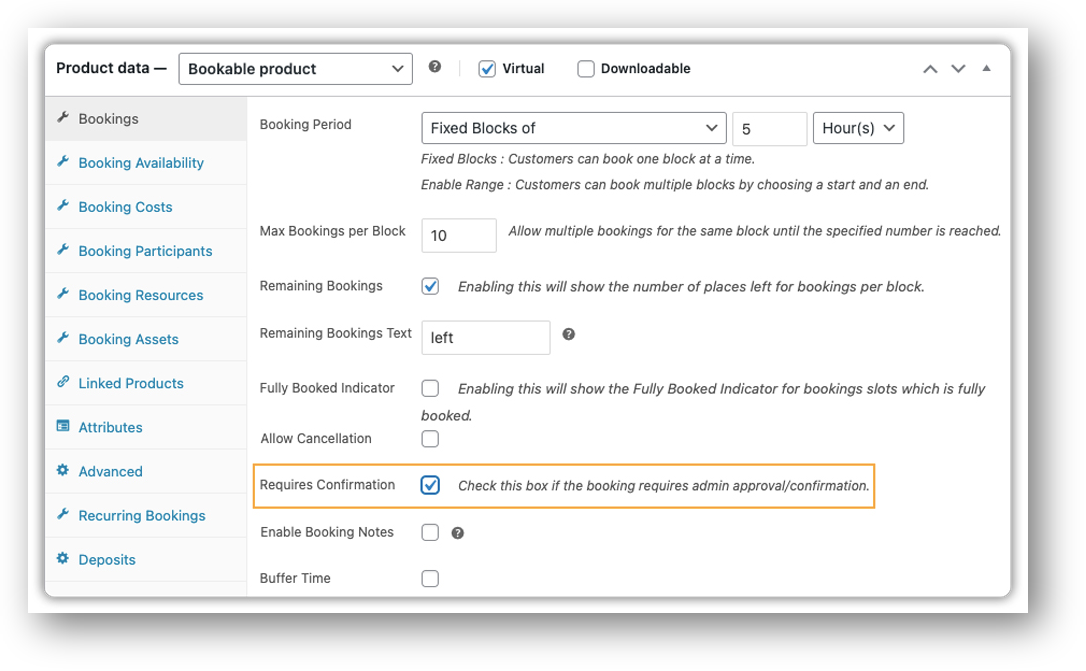 woocommerce bookable product settings