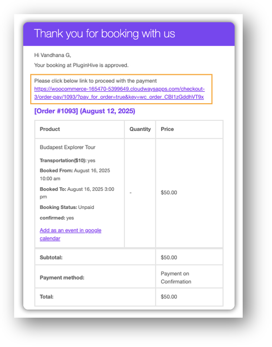 woocommerce booking approved confirmation email
