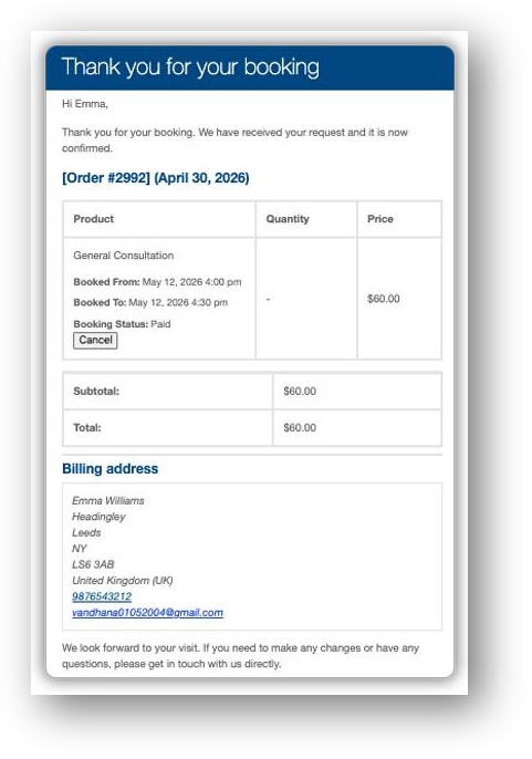 woocommerce booking confirmation email