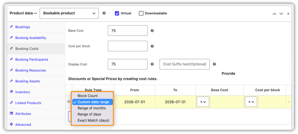 booking cost settings