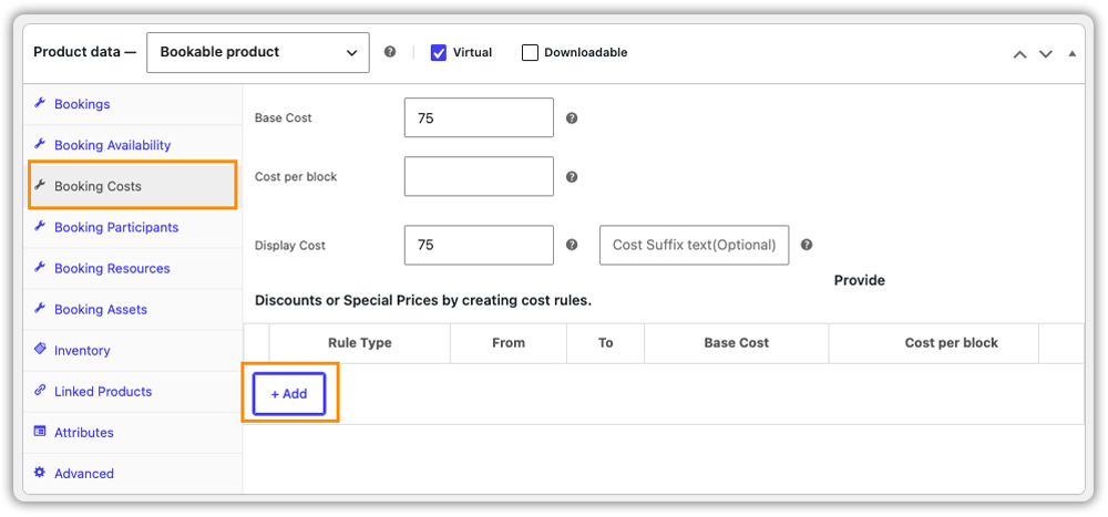 booking costs tab