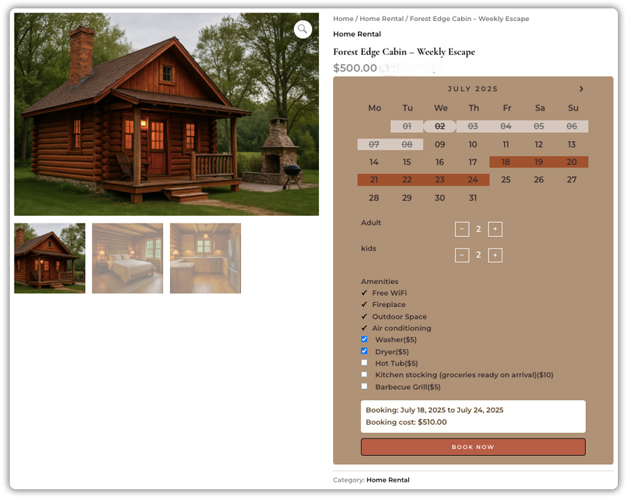 woocommerce cabin rental booking product page